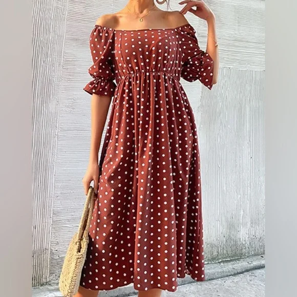 knee length dresses for ladies Polka Dot Runway Dress - Red or Brown. Love that Boho main image 1